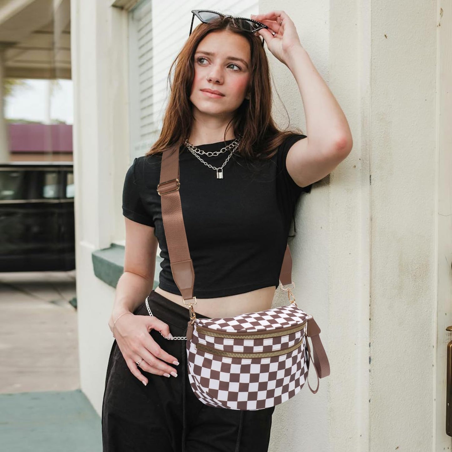 Nylon Crossbody Bags Bum Bag for Women Large Sling Bag Purse with Adjustable Strap（Black）