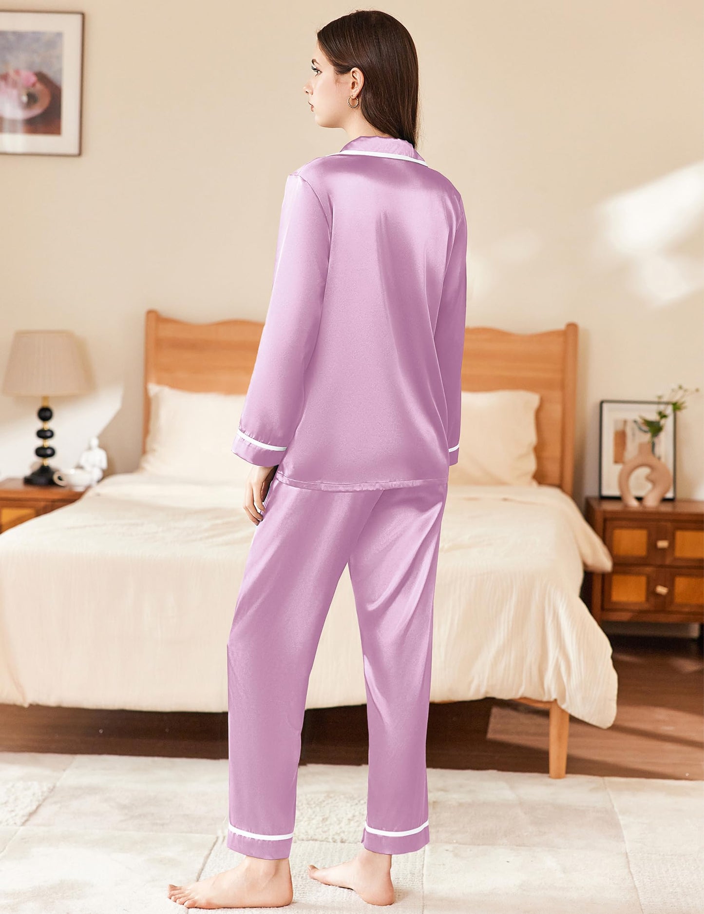 Ekouaer Satin Pajamas Set for Women Long Sleeve Pants Pj 2 Piece Lounge Set