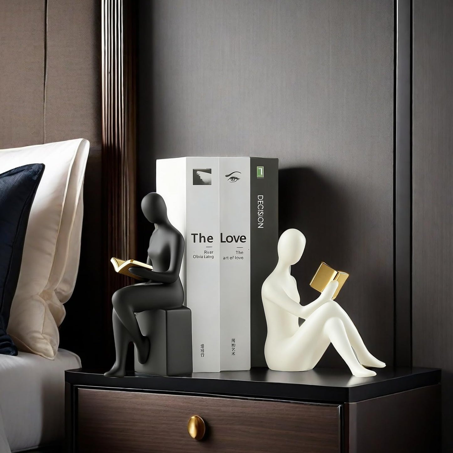 Home Decorative Reading Women Girl Statue Bookends Elegant Resin Bookshelf Room Office Desk Decor,Paper Weights, Book Ends,Bookend Supports, Book Stoppers, Set of 2 (Black and White)