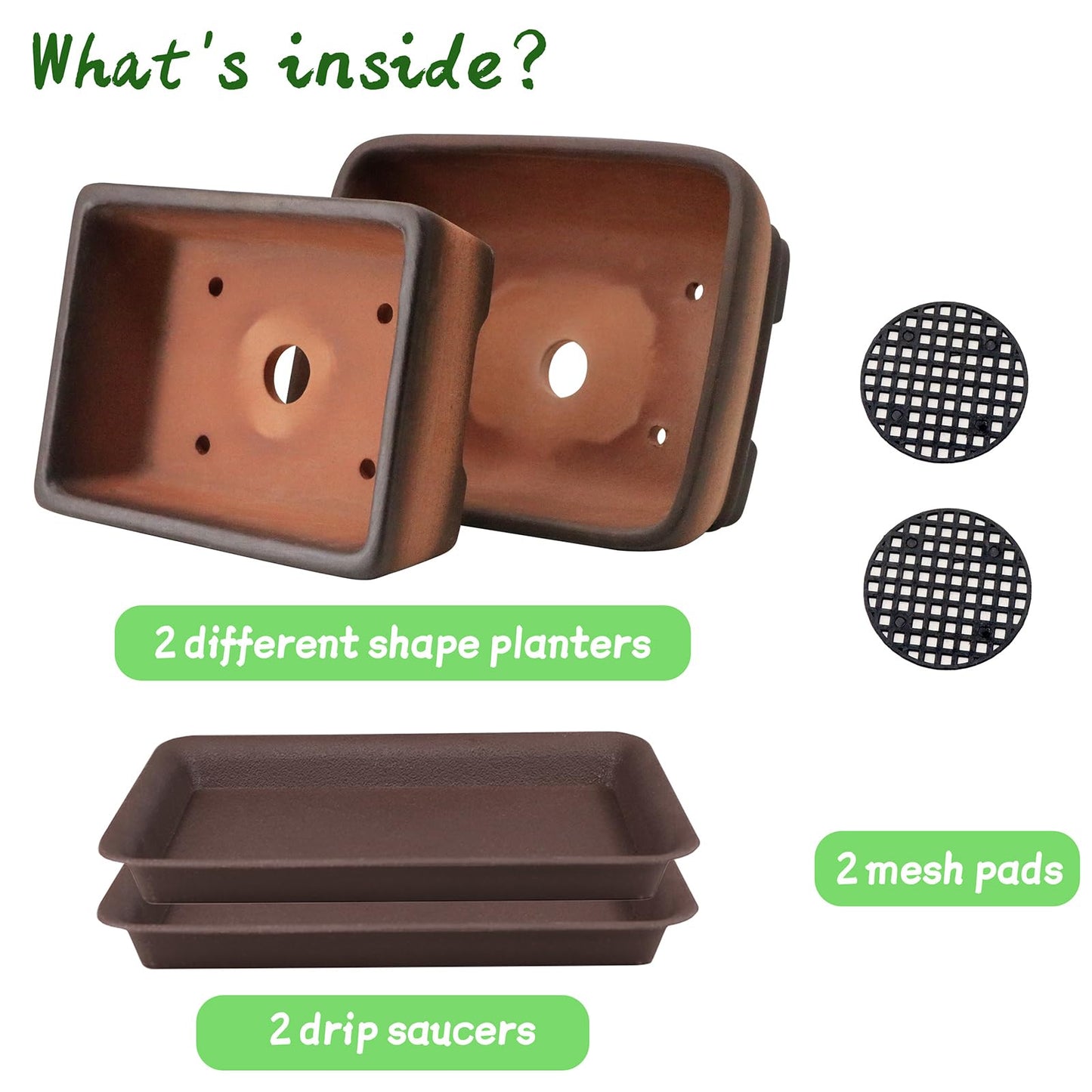 MUZHI 2 Pack Handmade Color Gradational Terracotta Bonsai Pot 5 Inch and 6 Inch with Drip Tray, Breathable Unglazed Rectangle Ceramic Planter for Tree Succulent Cactus