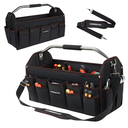 20 In Tool Carrier, Open Top Tool Tote 30 Pockets, Waterproof Tool Bag For Men, Foldable Wide Mouth Electricians Tool Bag, With Stainless Steel Handle and Removable Shoulder Strap