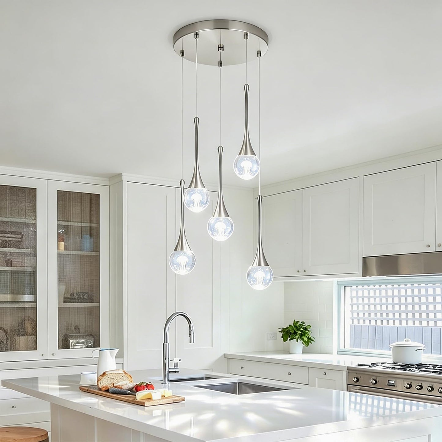 QueeuQ 5 Lights Crystal Raindrop Staircase Chandelier Pendant Lights,Modern Brush Nickel Chandelier Jellyfish Kitchen Island Light Fixtures,Dimmable Spiral LED Globe Ball Ligh for Dining Room