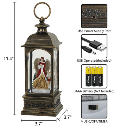 GenSwin Christmas Snow Globes with Music USB Rechargable Cable and Timer, Christmas Lantern Decorations Indoor, 1 Pcs Christmas Music Box with Angel and Reindeer for Festival PXFX-TS