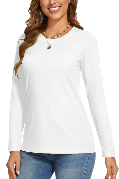SMENG Ladies Cotton Tee Long-Sleeve Shirts Wicking Soft Crew-Neck T-Shirt Basic Solid Color Classic-Fit Shirt White L