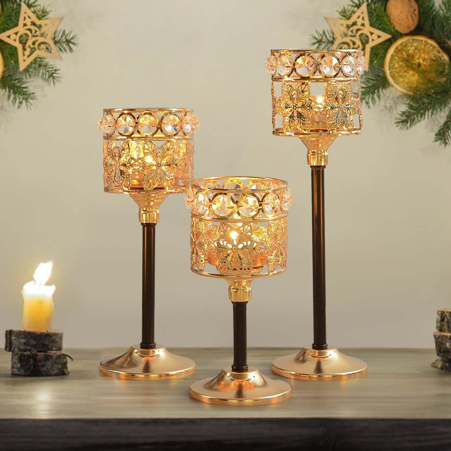 Kehail Set of 12 Floral-Carved Crystal & Metal Tealight Candelabras Bulk- Elegant Gold & Black Wedding Centerpiece, Dining Table Decor, Votive Candle Holders