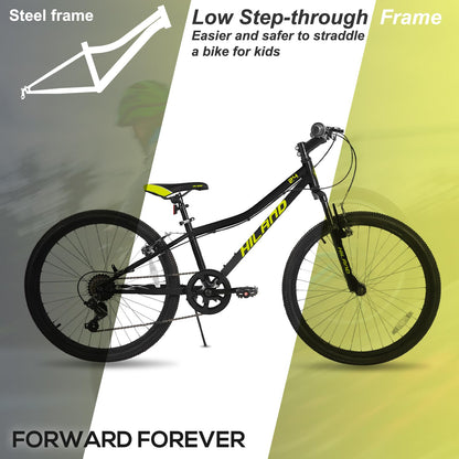 HH HILAND 24 Inch Mountain Bike for Kids Age 7-15 Year Old, 7-Speed, Front Suspension Fork, Kids' Bicycles for Boys Girls Black