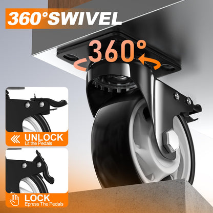 5 Inch Heavy Duty Casters, 2600lbs Capacity (Set of 4) - Industrial Swivel Caster Wheels with Brakes for Workbenches, Carts & Furniture - Floor Protecting & Quiet Roll