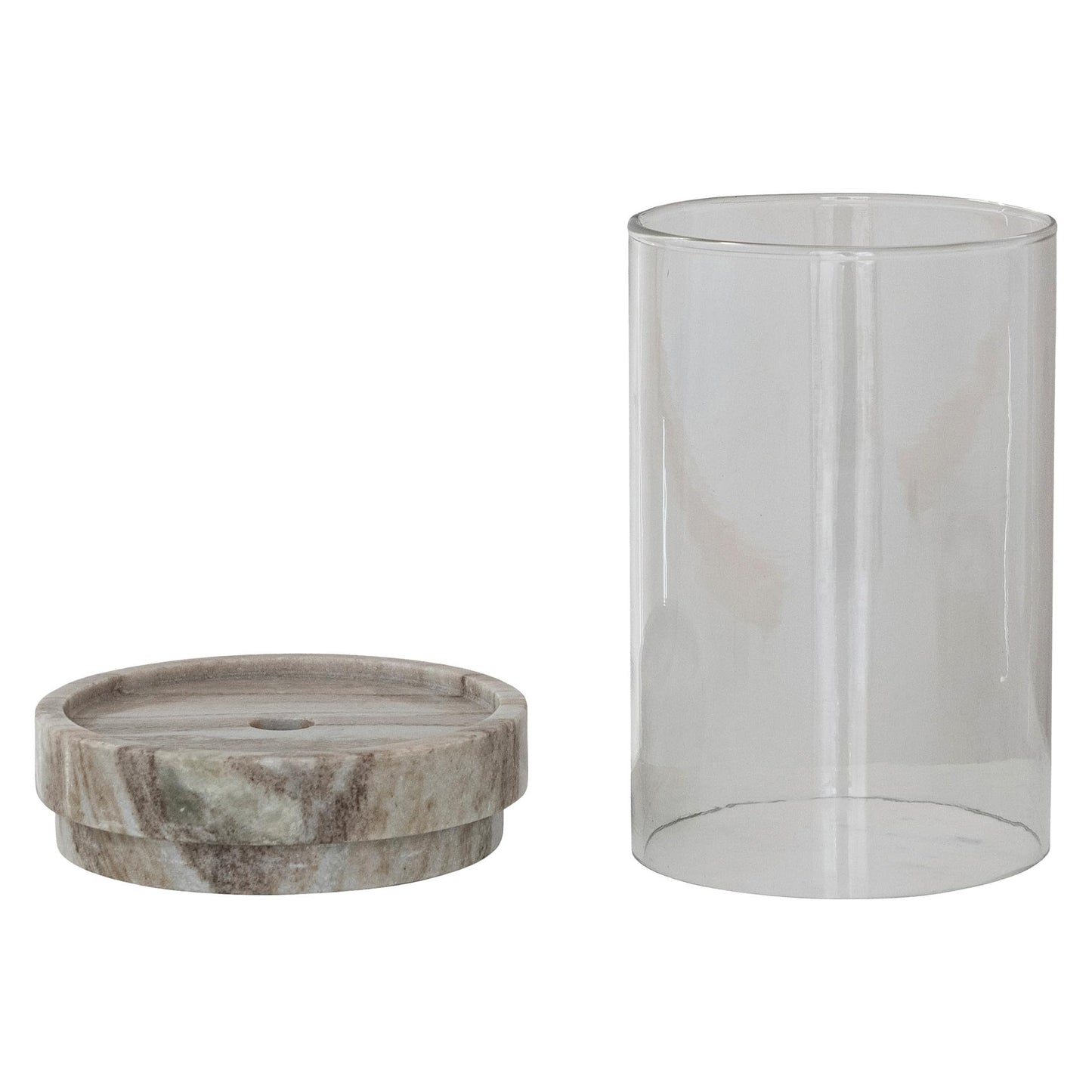 Creative Co-Op Round Marble Taper/Pillar Candle Holder with Glass Hurricane, Beige Finish
