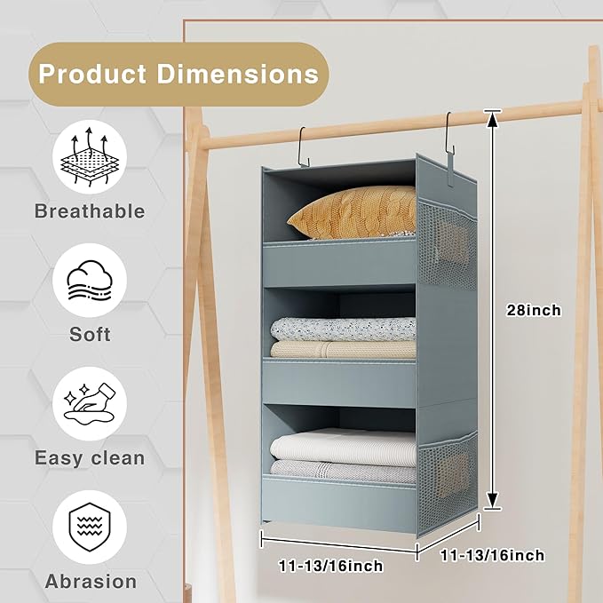 3-Shelf Hanging Closet Organizer and Storage, Foldable Hanging Closet Shelves