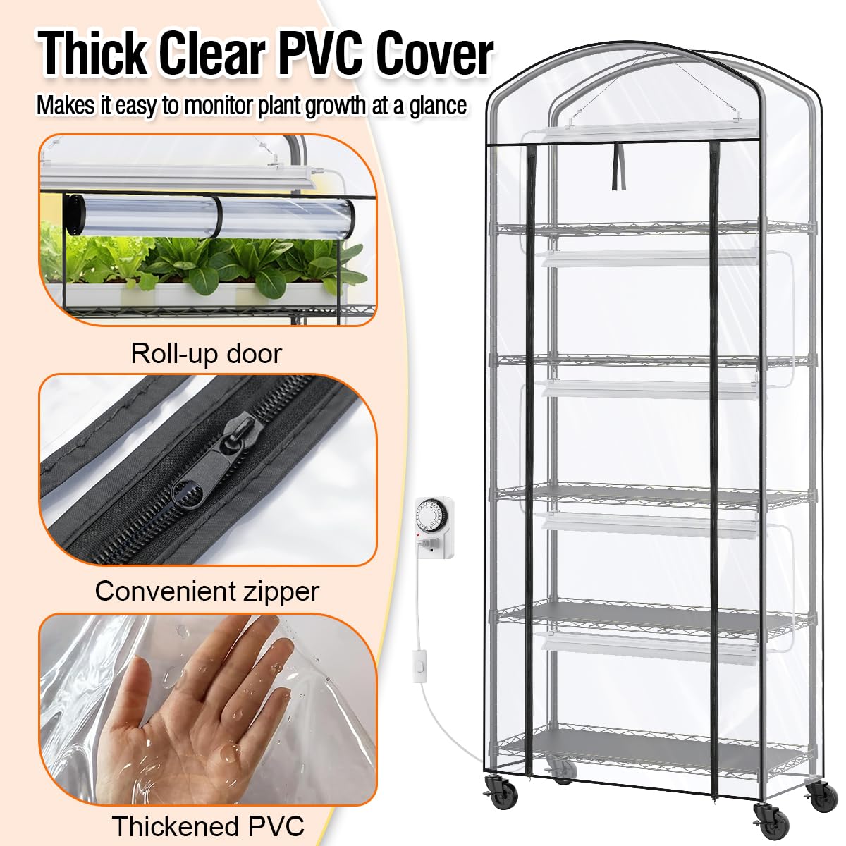 CUVERC Small Indoor Greenhouse with Grow Light & PVC Cover Portable Mini Greenhouse Tent Shelves Adjustable 5 Tier Metal Plant Stand with Grow Light for Indoor Plants, Seed Starting, 29.5"x13.7"x71"