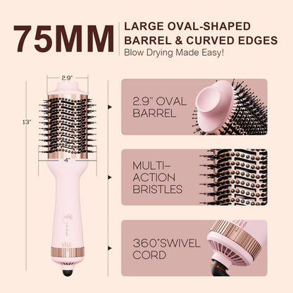 110-240V Travel Brush Hair Dryer, Small Hair Straightener Brush with European Plug Adapter for International Travel, 4 in 1 Hot Air Styler & Dryer for Drying Straightening Curling Volumizing