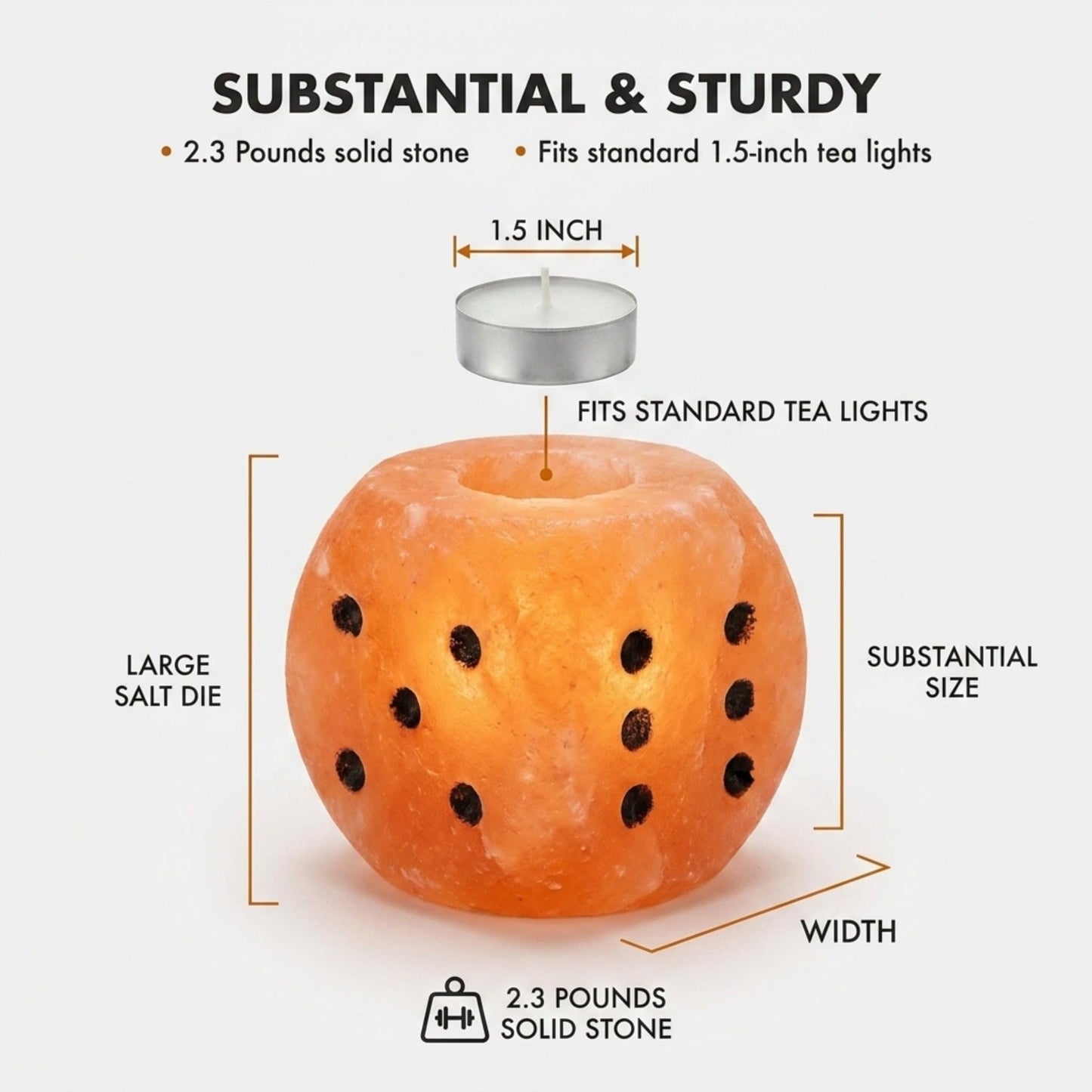 Himalayan Rock Salt Natural Crystal Game Dice Style Candleholder, Game Dice - Soft Calm Therapeutic Candle Light - Handcrafted Design Salt Crystal - Candleholder, Dark Orange Hue