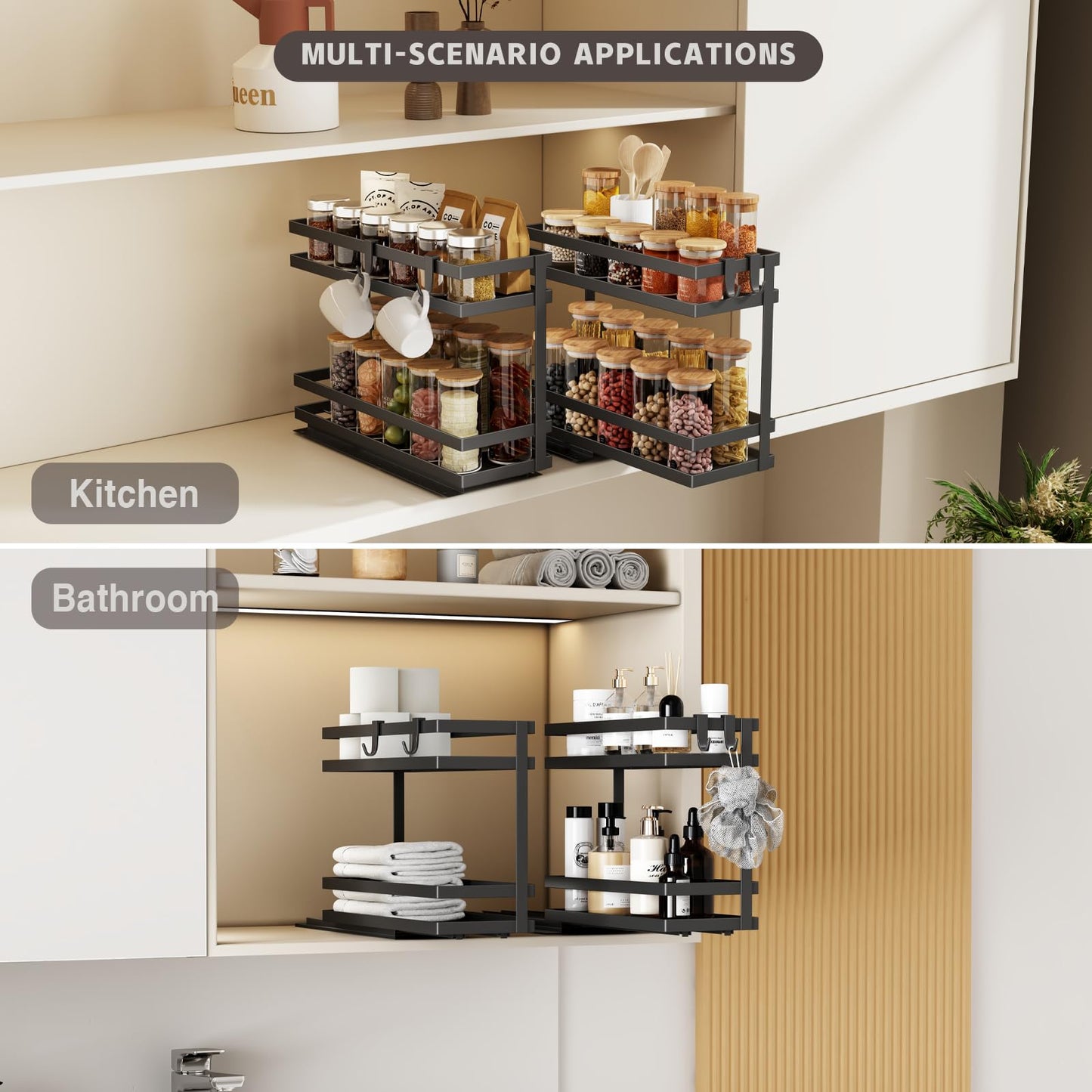 Magheo Pull Out Spice Rack Organizer for Cabinet, 2 Pack Metal Seasoning Organizer Slide Out Spice Storage Shelf No Assembly Vertical Spice Rack Pullout for Kitchen & Bahthroom No Drill(2 Tier,Black)