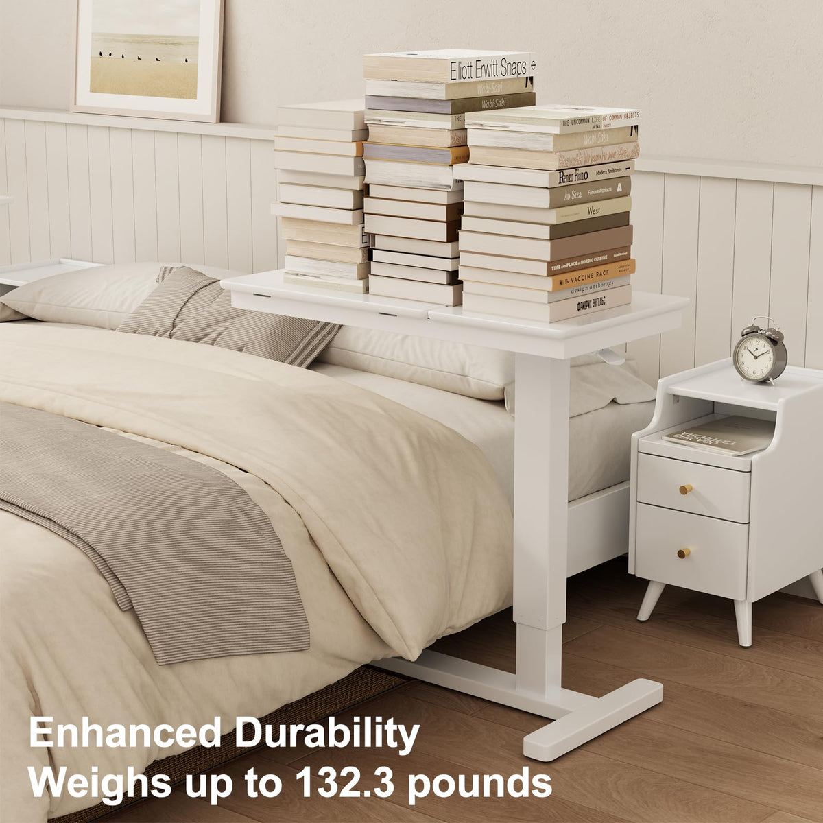 Muwuele Solid Wood Overbed Bedside Table with Wheels, Adjustable Medical Tilt Top Hospital Bed Table Over The Bed, Rolling Laptop Desk, Mobile Standing Desk for Hospital and Home Use (White)
