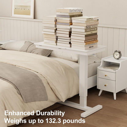 Muwuele Solid Wood Overbed Bedside Table with Wheels, Adjustable Medical Tilt Top Hospital Bed Table Over The Bed, Rolling Laptop Desk, Mobile Standing Desk for Hospital and Home Use (White)