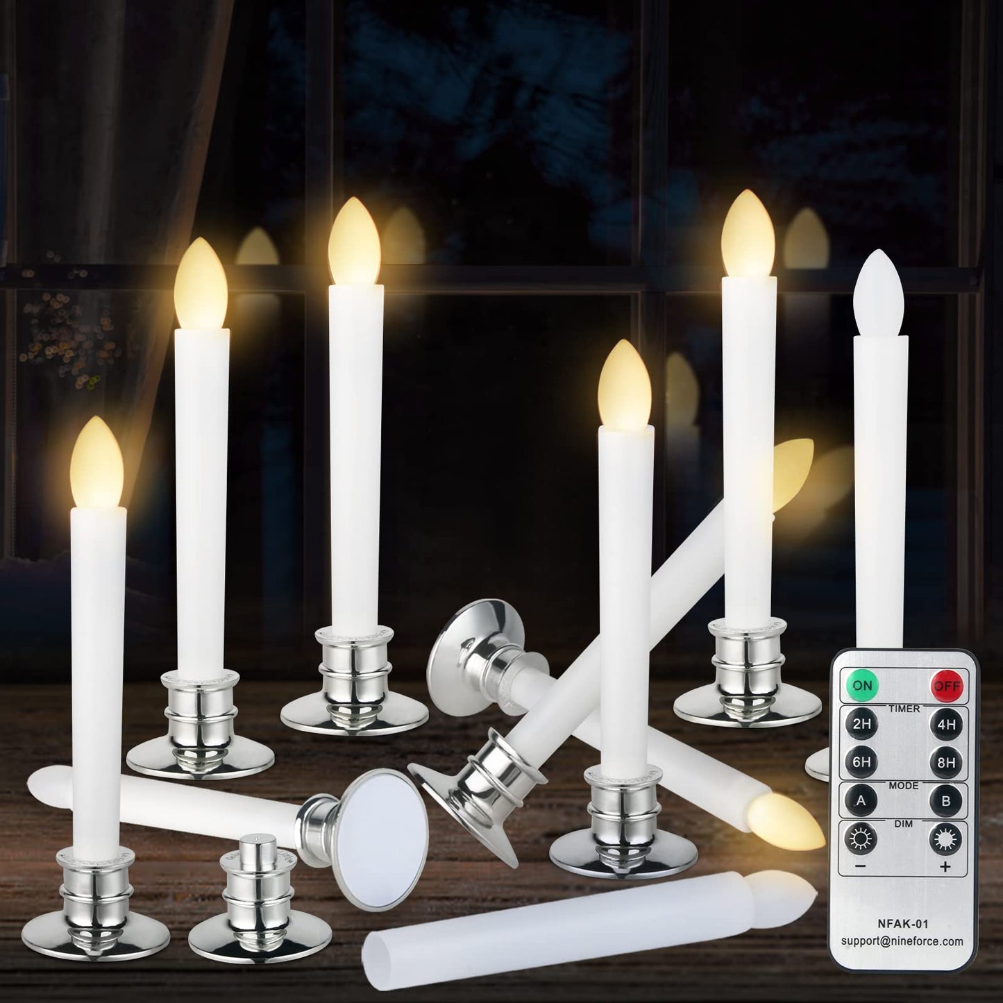 CelebrationLight 10 Pack Flameless Taper Candles with Remote/Timer, Battery Operated Flickering LED Window Candles, Vintage Christmas Electric Fake Candlesticks, Silver Holder