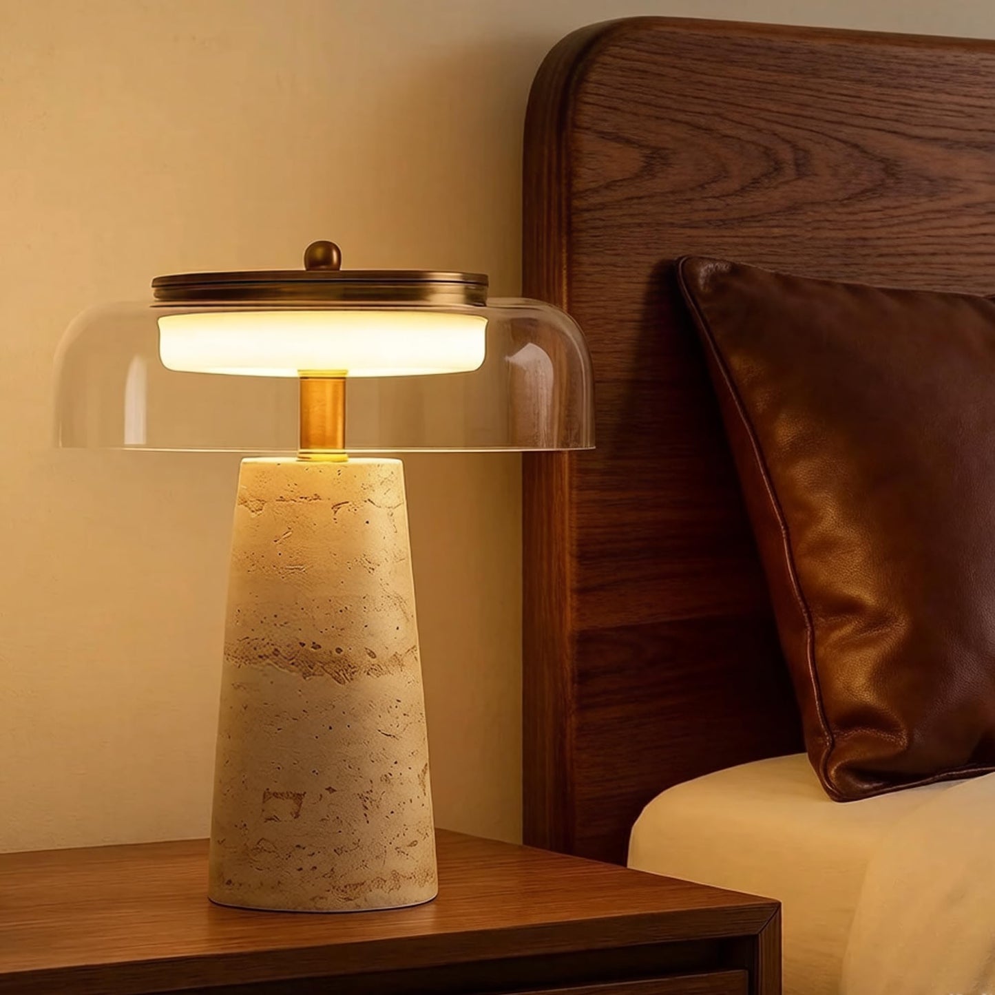 Travertine Lamp, Natural Stone Table Lamps with Glass Shade, 12W Mushroom Bedside Nightstand Light Decor for Bedroom Living Room Office Console Side Entryway Counter Gifts (Smoked Glass+Travertine)