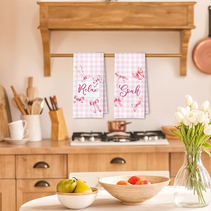 Coquette Pink Bow Checkered Decorative Towels