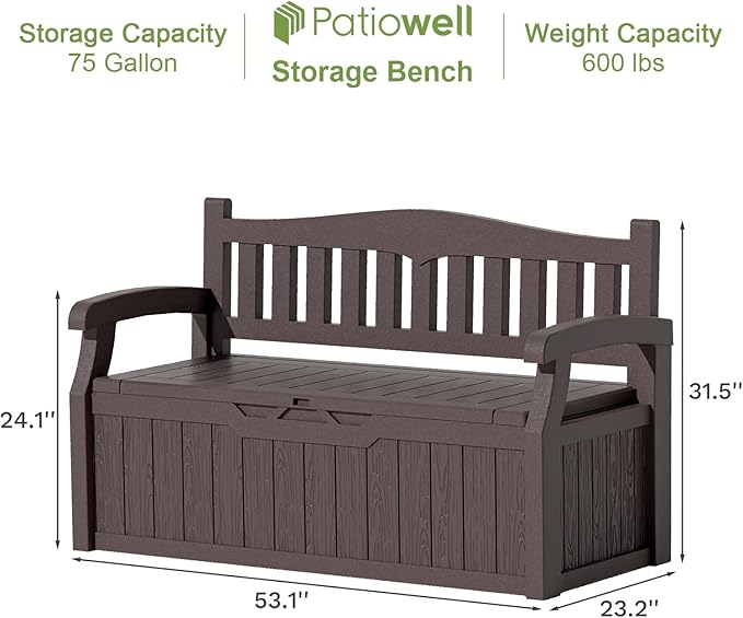 Patiowell 75 Gallon Plastic Storage Bench, Water-Resistant Deck Box for Patio Furniture, Garden Tools, Pool Storage and Outdoor Cushions, Brown