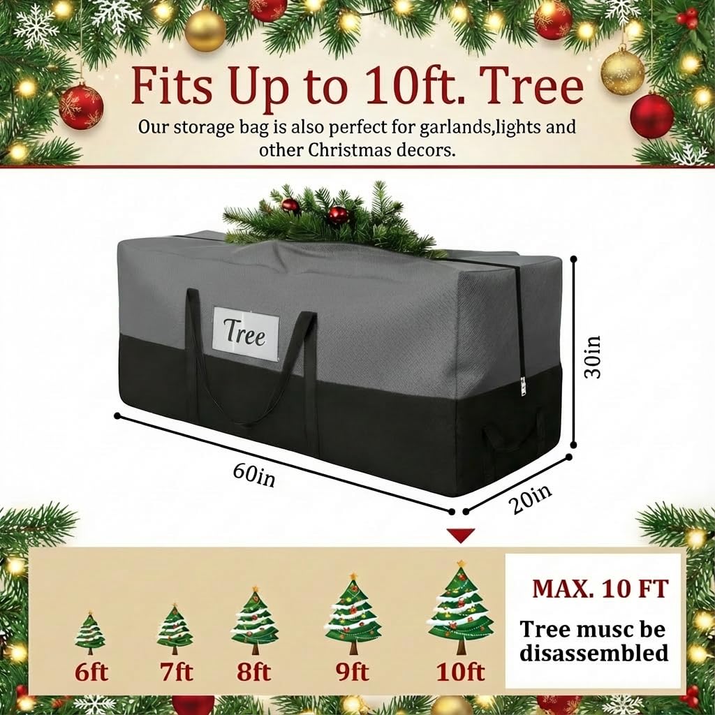 Christmas Tree Storage Bag, Fits Up to 10-12 Ft Tall Artificial Trees, Heavy Duty 600D Oxford Skeleton Storage Box with Reinforced Handles, Zipper, Transparent Pocket, Gray