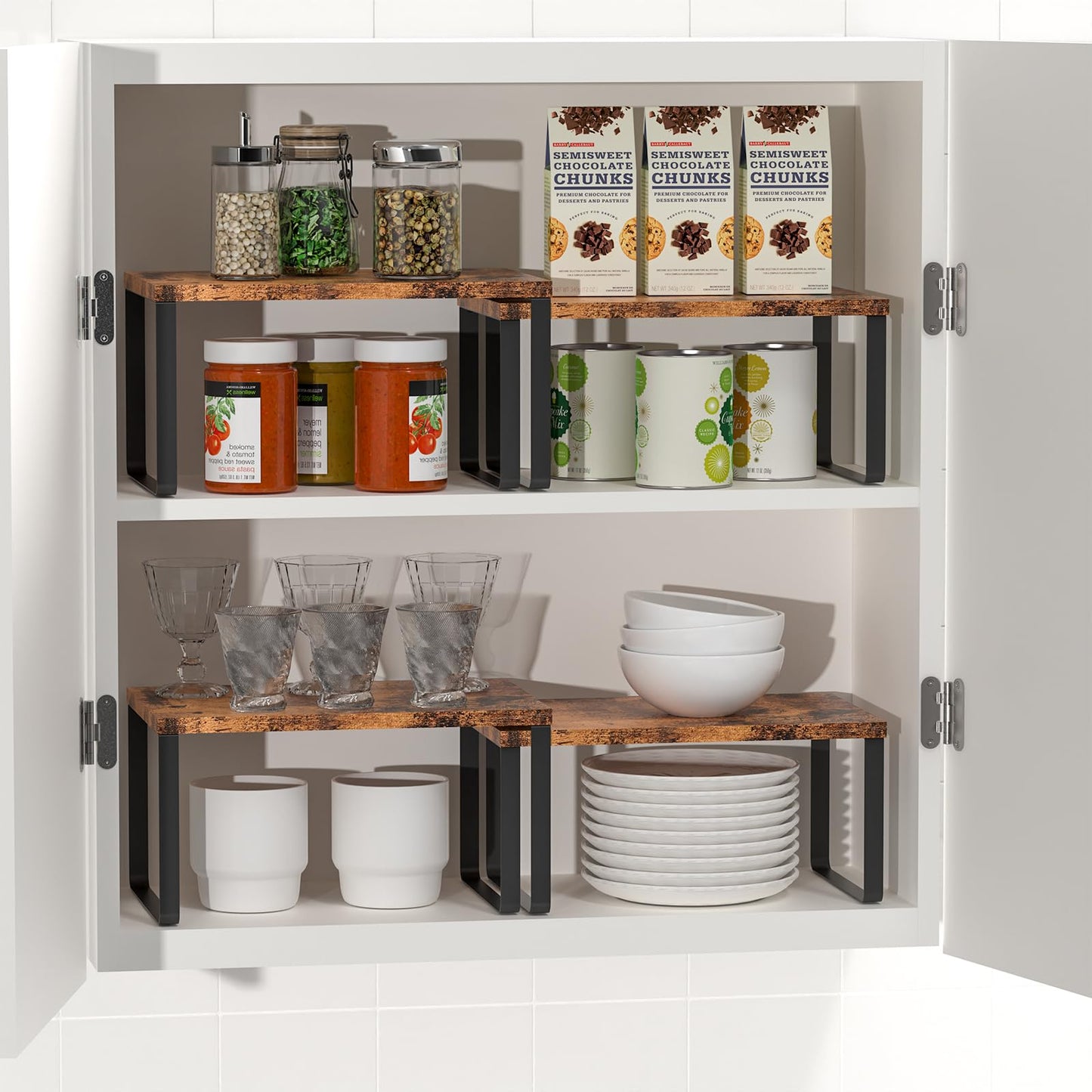 Set of 4 Counter Shelves Kitchen Stackable Cabinet Shelf Wood Organizer Expandable Counter Top Racks Brown Bathroom Counter organizer
