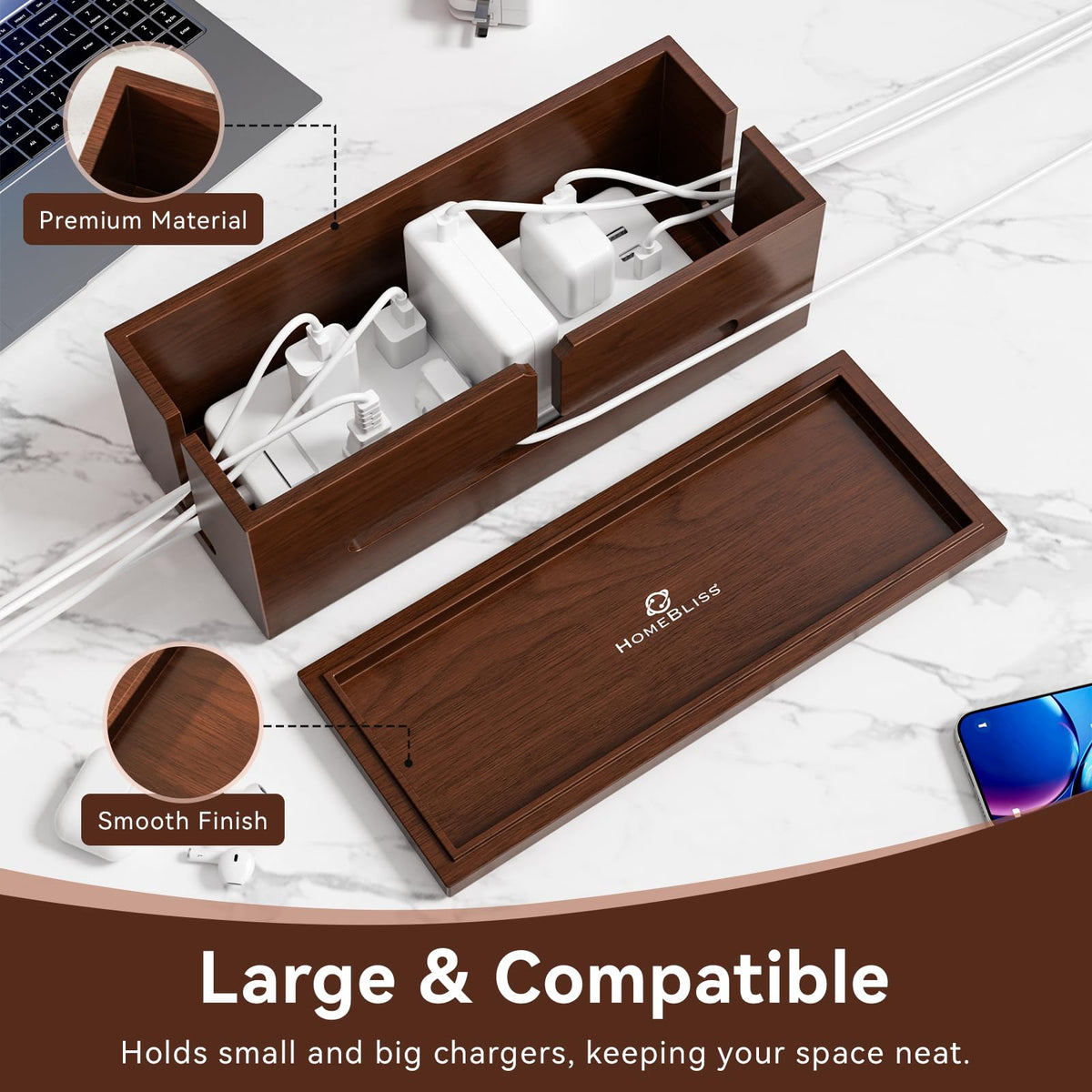 HomeBliss Large Cable Management Box-Stylish Wire Organizer, Wire Concealer and Wire Management Box-Wire Management Box with Protective Sleeve (Black)