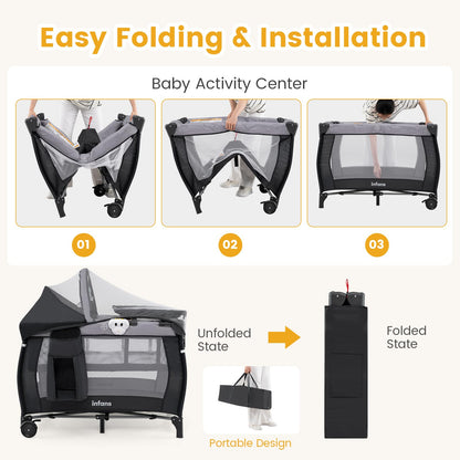 INFANS 4 in 1 Pack and Play, Portable Travel Baby Playard with Bassinet, Changing Table, Canopy, Mosquito Net, Hanging Toys, Music Box, Storage Bag, Large Playpen from Newborn to Toddlers (Black)