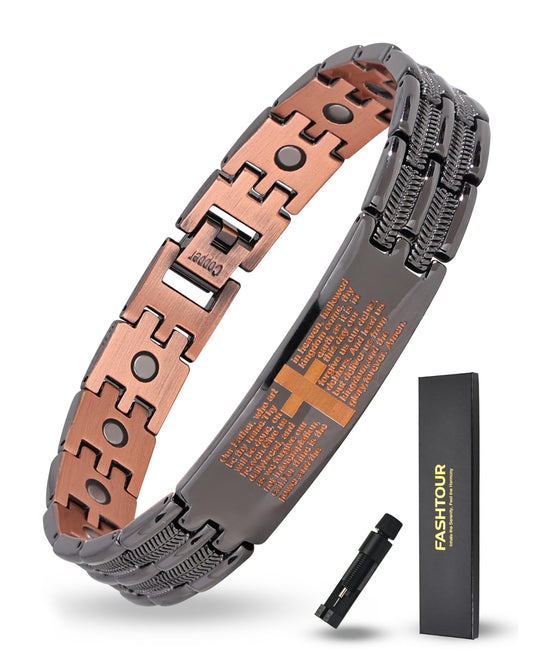 Fashtour Copper Cross Bracelet for Men, Ultra Strength Magnetic Jewelry, Rice-Ear Design Adjustable Copper Biblical Cross Bracelet with Sizing Tool & Box (Black)