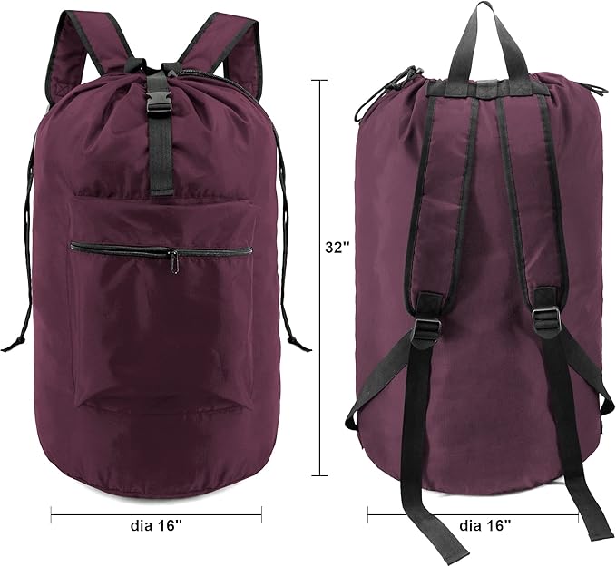 BeeGreen Laundry-Bag-Backpack-Heavy-Duty, Burgundy Nylon Drawstring Portable