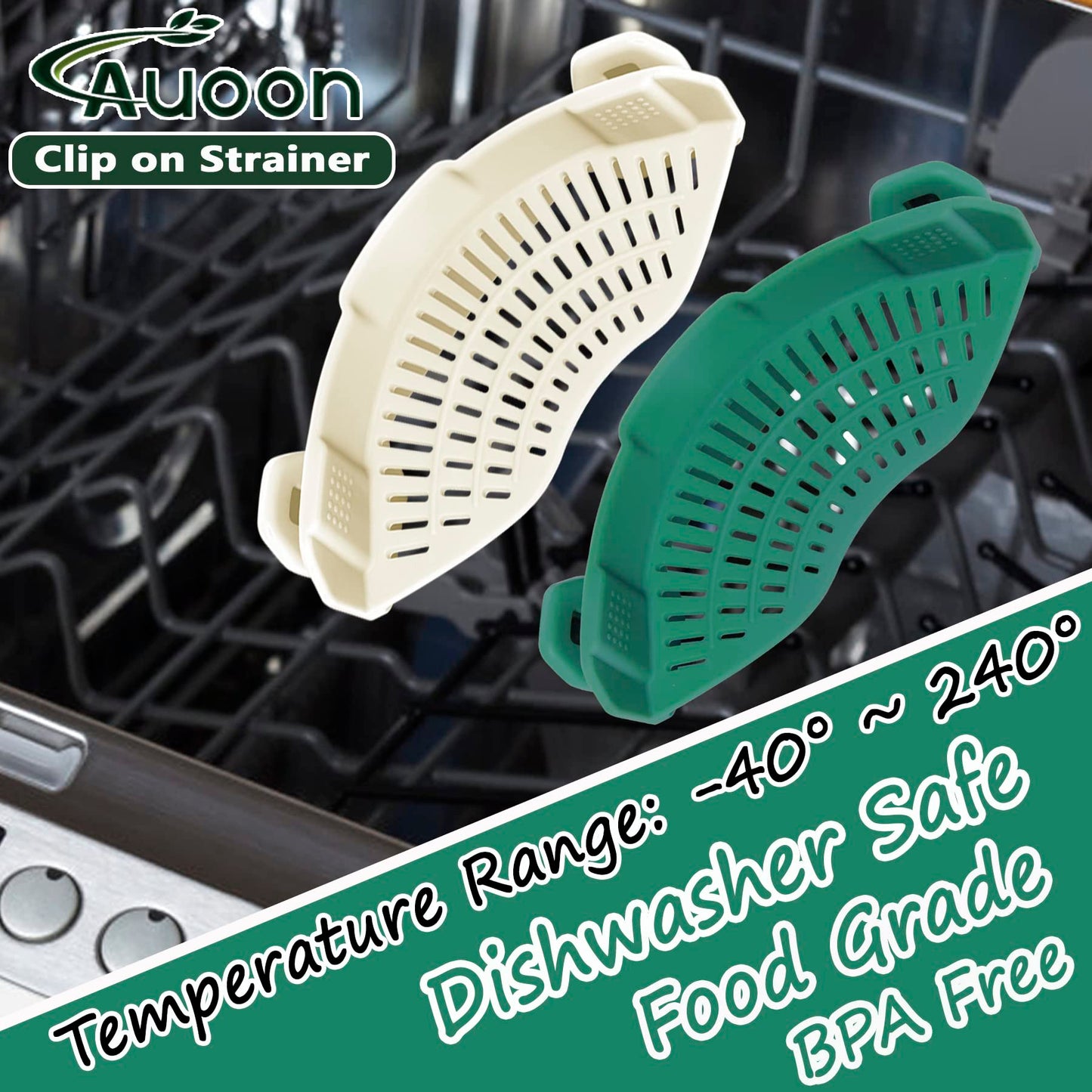 AUOON Clip On Strainer Silicone for All Pots and Pans, Pasta Strainer Clip on Food Strainer for Meat Vegetables Fruit Silicone Kitchen Colander