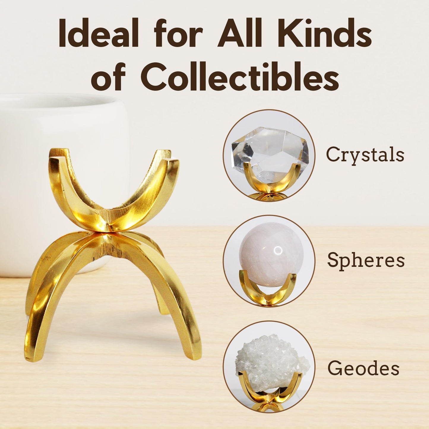 My Shelfie - Modern Brass-Coated Claw Rock Display Stand, Crystal Holder with Invertible Design, Crystal Display Holds Crystals From 2-3 Inches, Handmade Aluminum Rock Stands for Display, Small