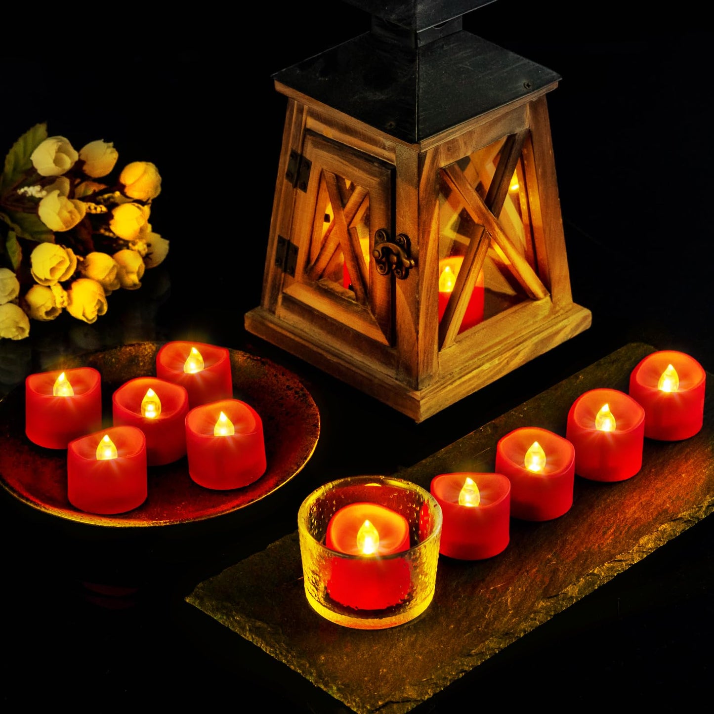 Windshell Red Base Warm White Flickering Flame LED Tea Lights, 6H Timer (No Remote), Battery Operated Flameless Tealight Candles for Christmas Holiday Home Decor, 12 Pack