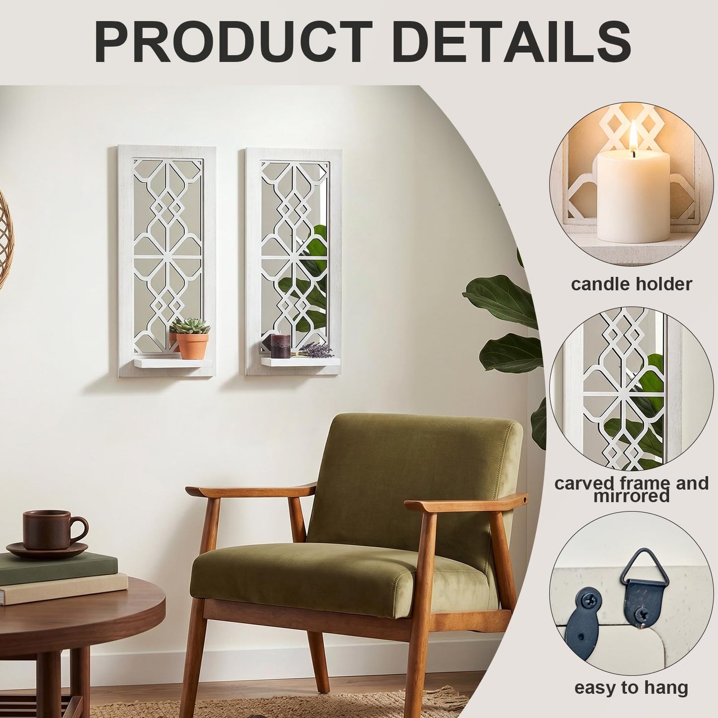 ZEXUIRU 2 Set Rustic Candle Sconces Living Room Bedroom Entryway Wood Mirrored, Farmhouse, Carved Frame Wall-Mount Wooden Candle Holders Wall Decor Hanging Handmade Holder - Distressed White
