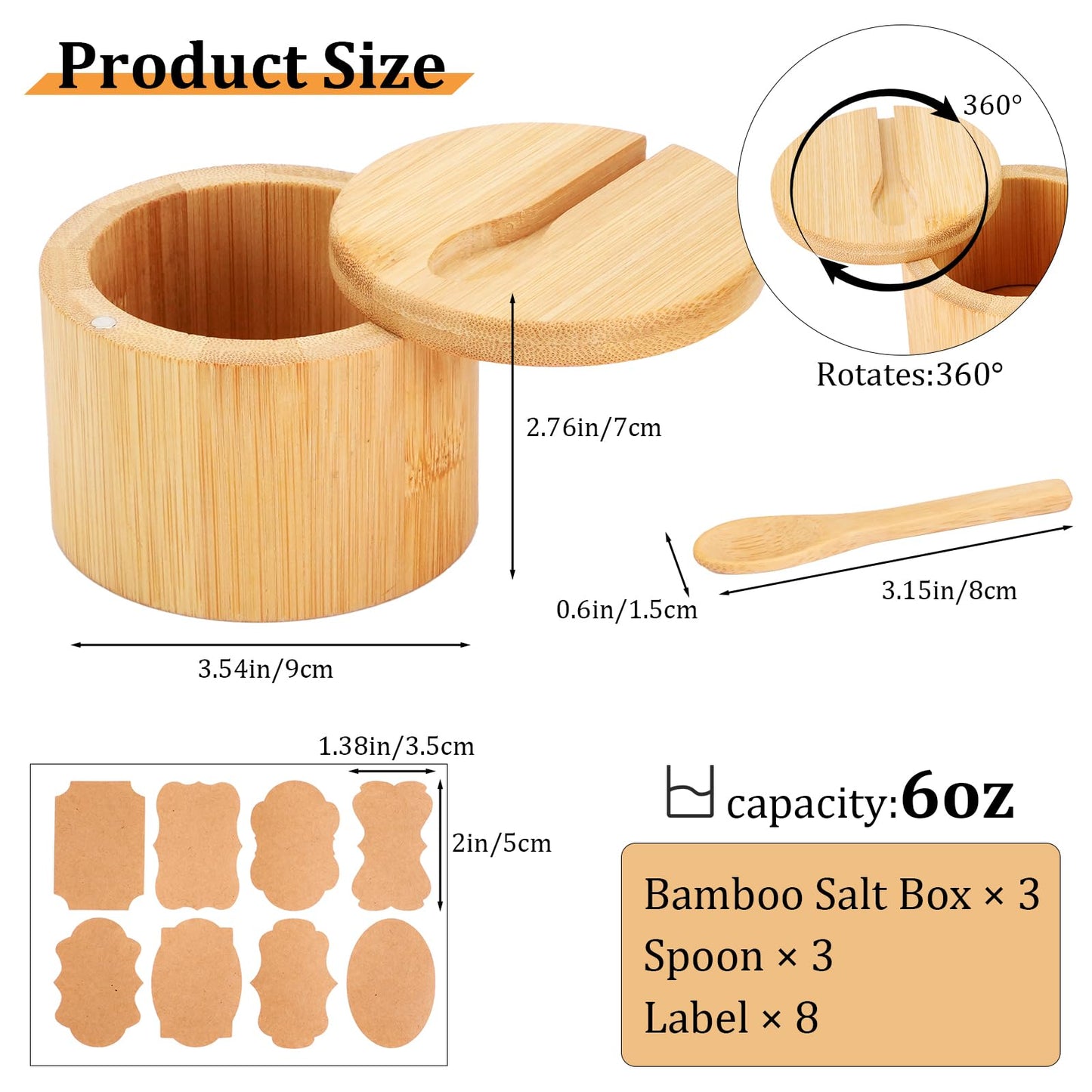 JIABEIUS 3Pcs Bamboo Salt Box with Swivel Lid and Spoon, Salt Cellar Containers with 8pcs Label Stickers, Wooden Spice Jars for Kitchen to Storage Pepper, Sugar, Herbs, Seasonings