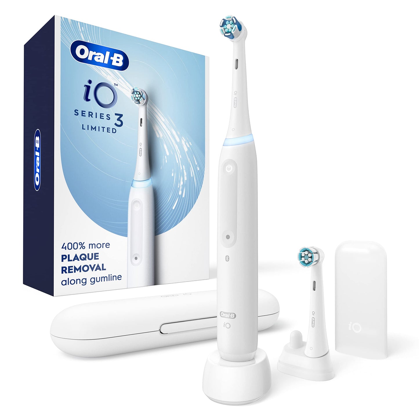 Oral-B iO Deep Clean Rechargeable Electric Powered Toothbrush, White with iO Series 3 Limited, 2 Brush Heads and Travel Case - Pressure Sensor to Protect Gums - 3 Cleaning Settings - 2 Minute Timer