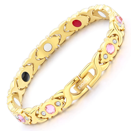 EMMORI Ultra Strength Magnetic Bracelet for Woman - 3,500 Gauss Per Magnet -Crystal Bracelet - Adjustable Length -Pulseras Magneticas (Gold)