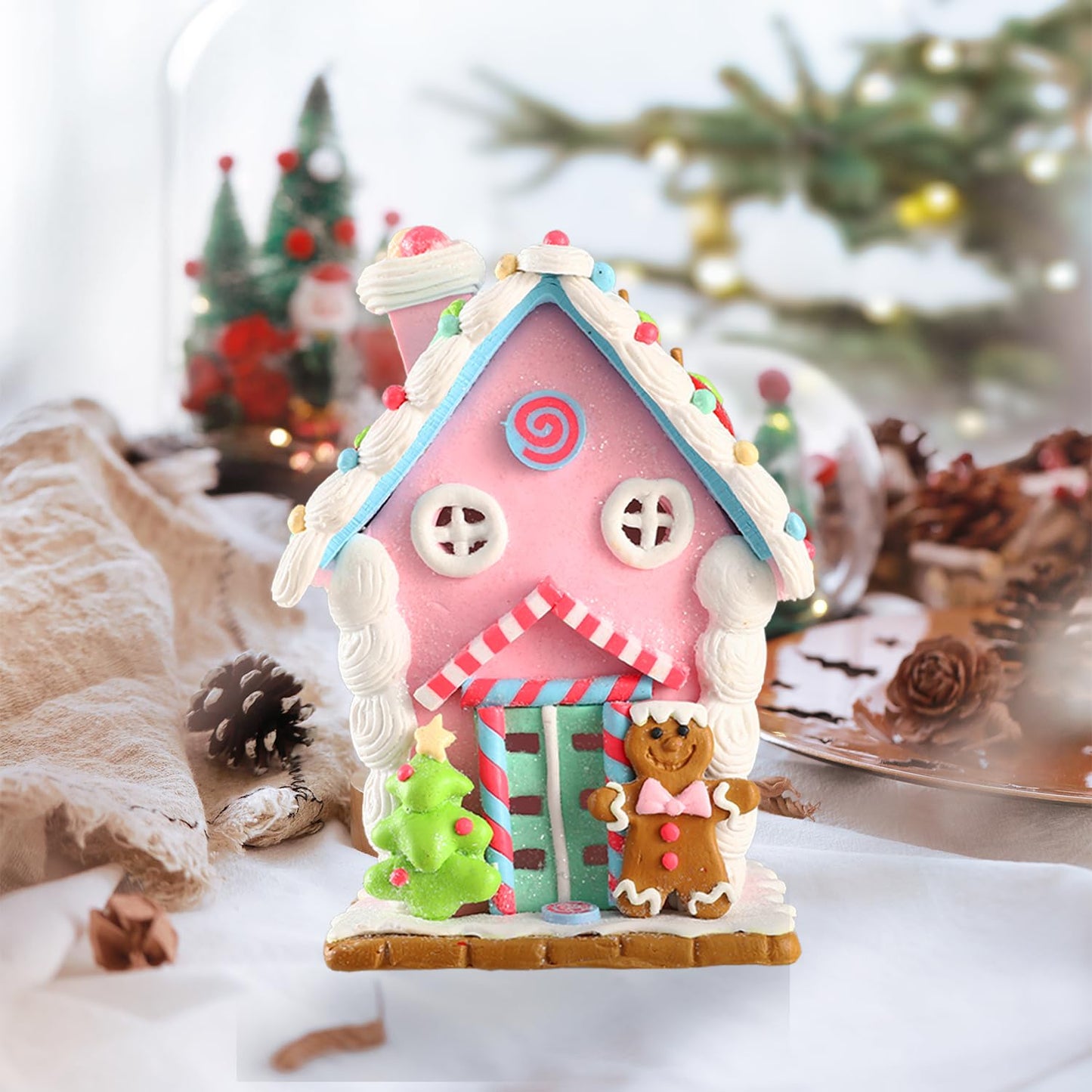 Christmas Pastel Gingerbread House Ornaments Decorations,Soft Clay Pastel Pink Small Candy House Christmas Ornaments with Light for Christmas Tree Hanging Pendants Xmas Tabletop Decoration