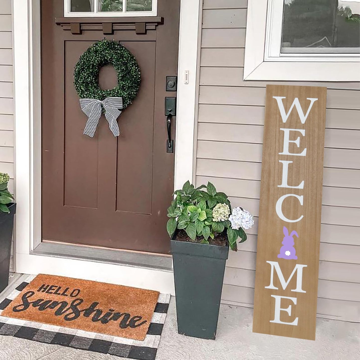 Interchangeable Wooden Porch Welcome Sign with 12 Interchangeable Icons 45"X9" Large Standing Hanging Seasonal Home Decor for Porch Wall Yard Decorations (Wood)