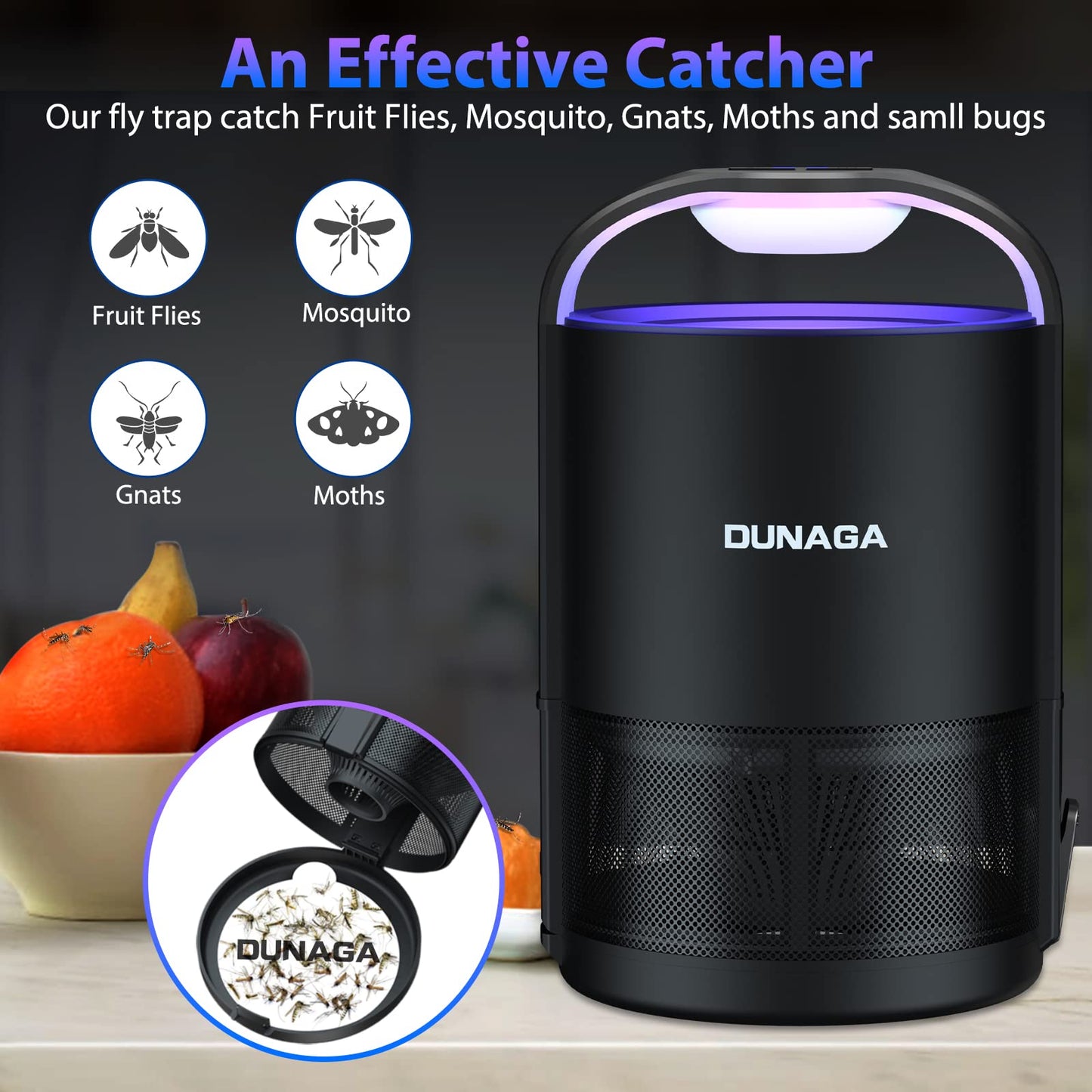 DUNAGA Fly Traps, Fruit Fly Trap Indoor, Gnat Traps, Bug Zapper Indoor,Mosquito Traps with 10 Sticky Glue Boards, Black