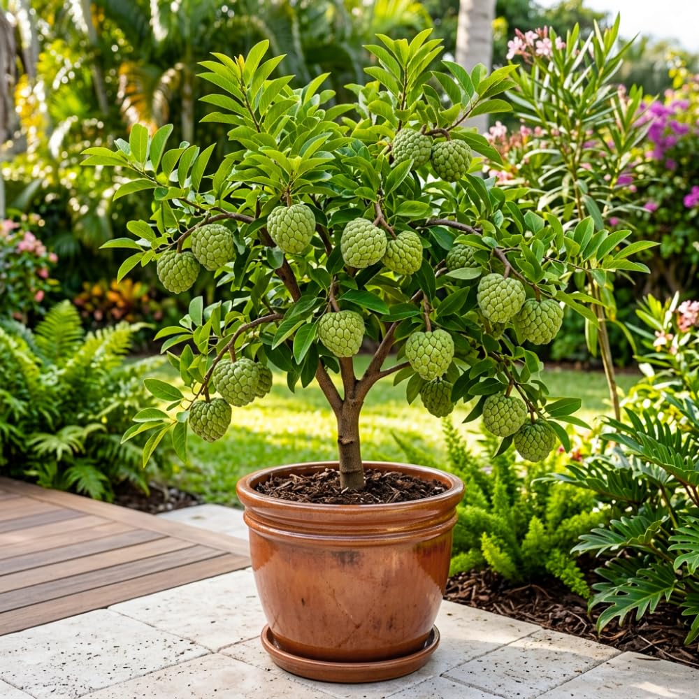 Sugar Apple Tree Live Plant, Green Sugar Apple Fruit, 3 Gallon Pot, 2-3 Feet Tall, Creamy Sweet Tropical Fruit Plant for Indoor Outdoor Growing, No Ship to CA