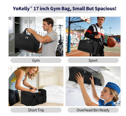 YoKelly 25L Small Gym Sport Duffle Bag - 17 Inch Weekender Overnight Bag for Travel, Workout, Fitness - Black