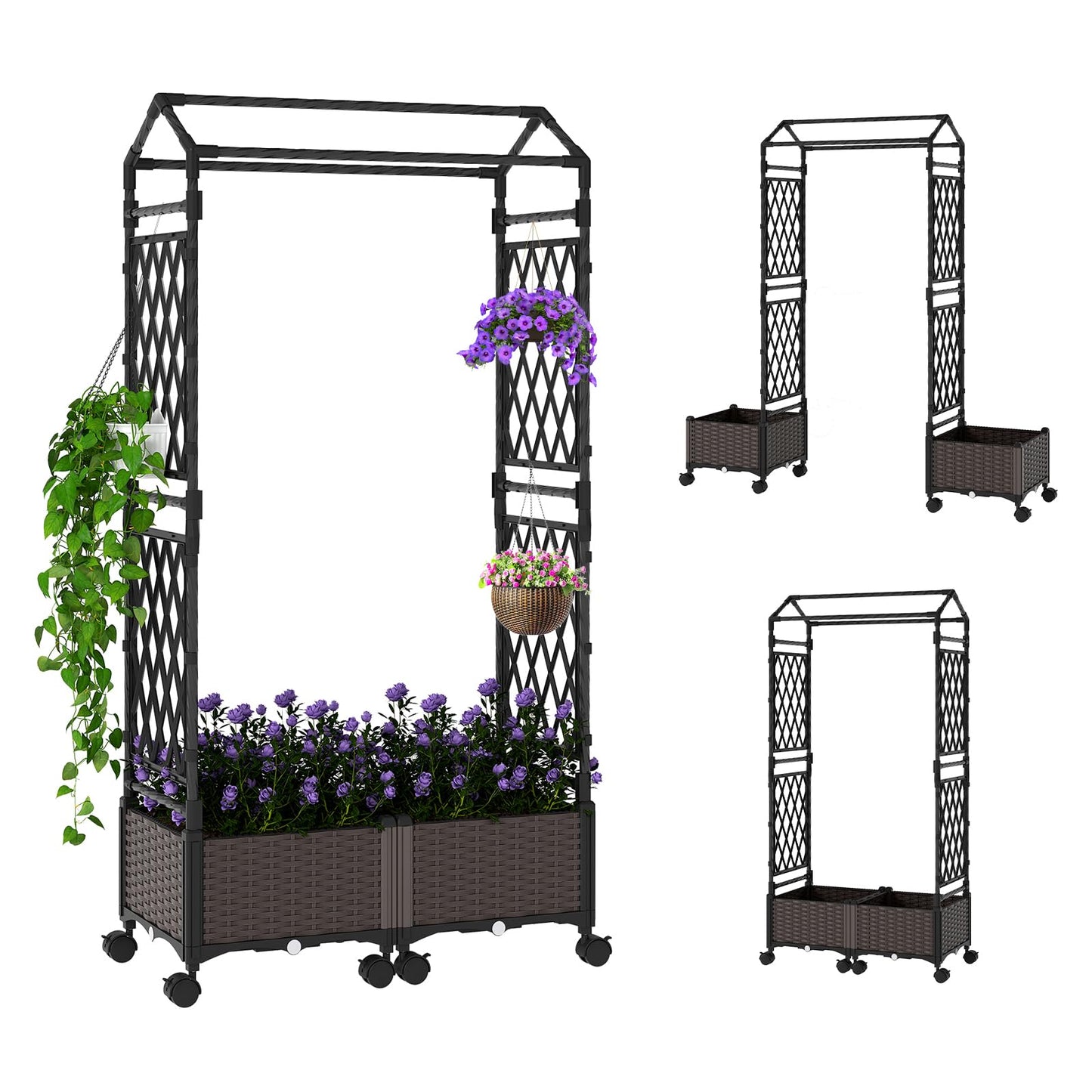 Byroce Self-Watering Tomato Planter Box with Trellis, 64” Tall Raised Garden Bed with Lockable Wheels, Arch Roof & Drainage Holes, Vertical Garden for Patio Balcony Outdoor Vegetables (Roof Type A)