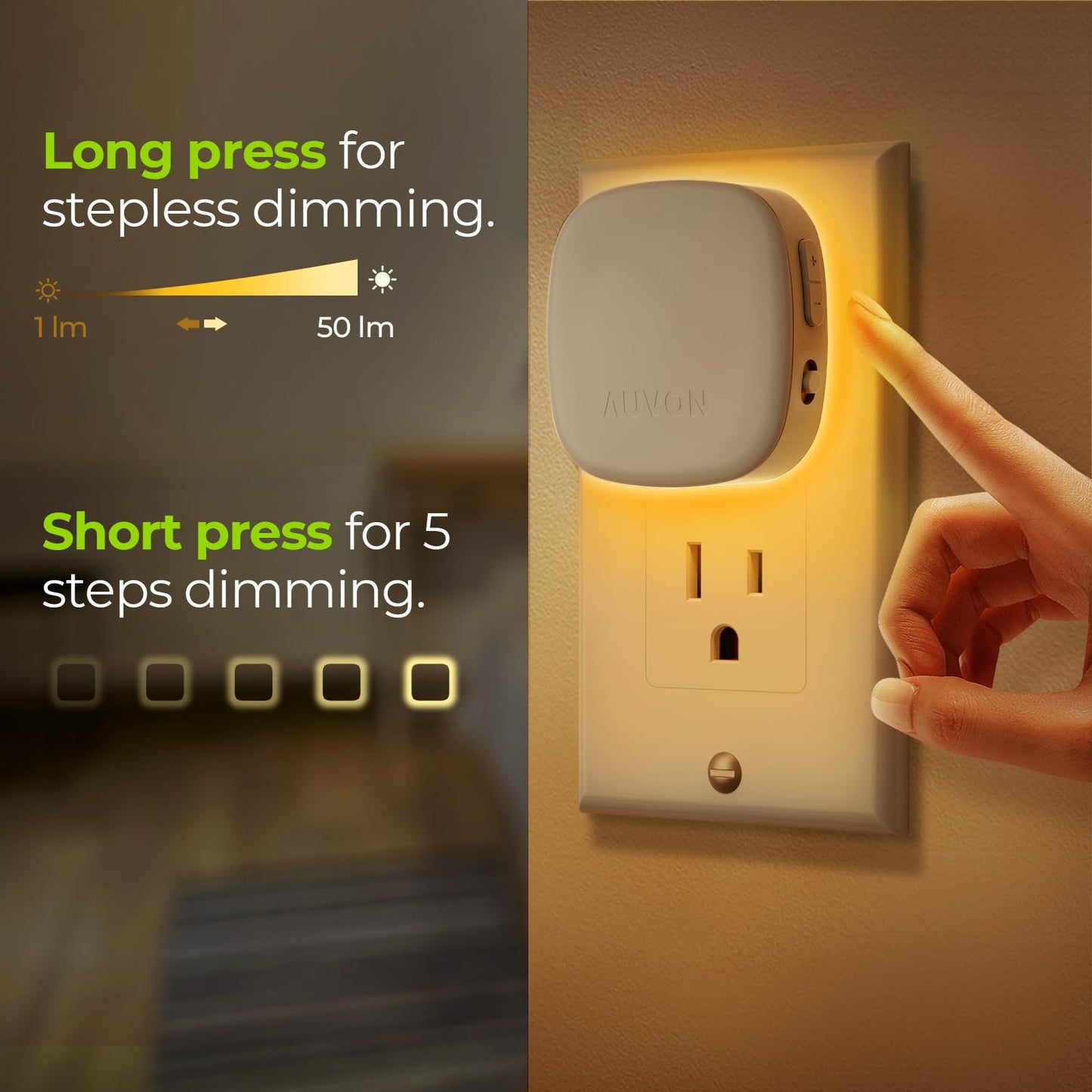 AUVON Plug-in LED Backlit Night Light with Motion Sensor & Dusk to Dawn Sensor, Dimmable Amber Nightlight with 1-50 lm Adjustable Brightness for Bedroom, Bathroom, Stairs, Hallway (4 Pack)