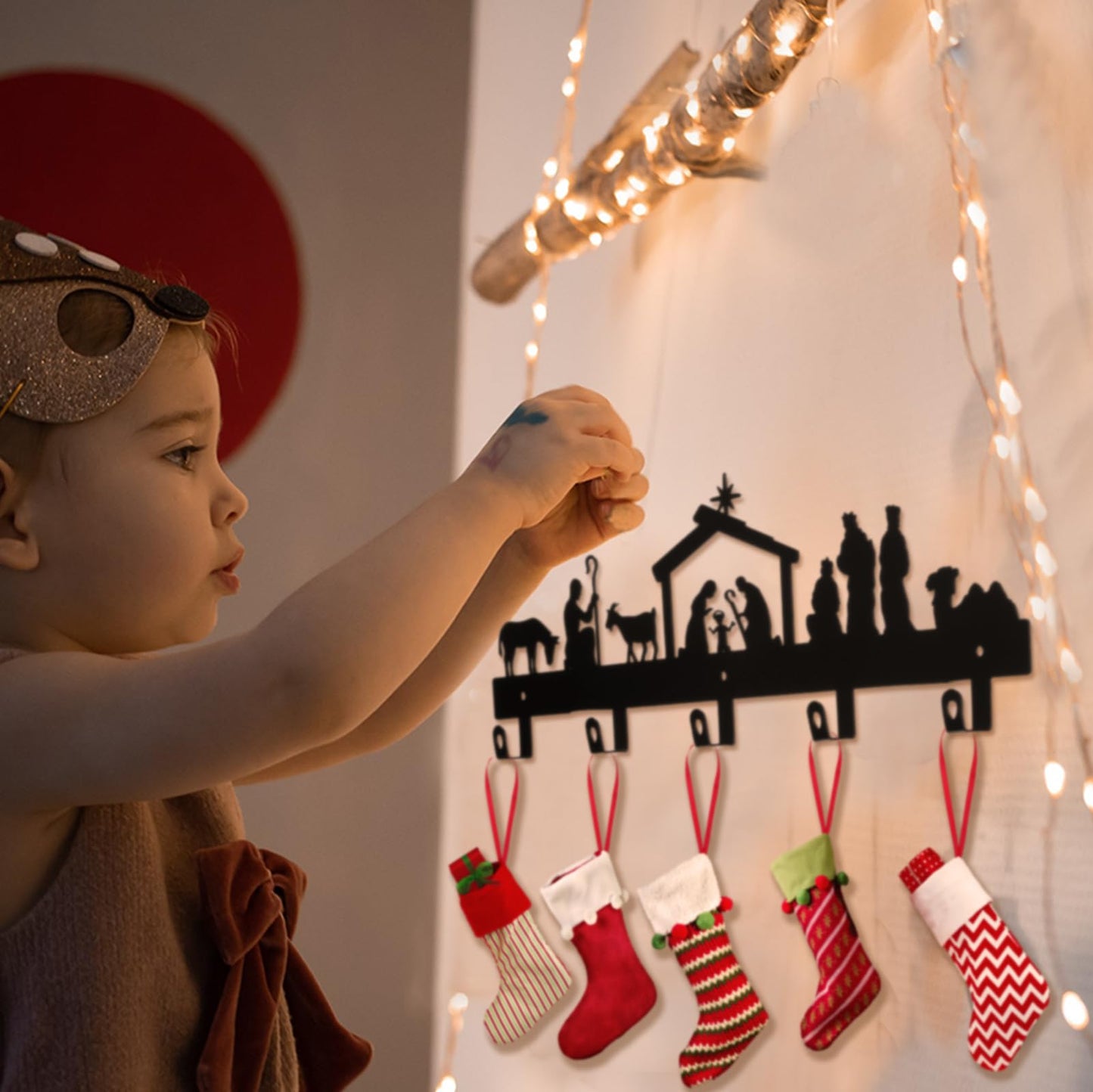 Blulu 1 Pcs Christmas Stocking Wall Rack with Hangers Holder Stand Metal Stocking Hangers Mantel Wall Mount Hook Holder for Mantle Entryway Holiday, Black (Nativity)