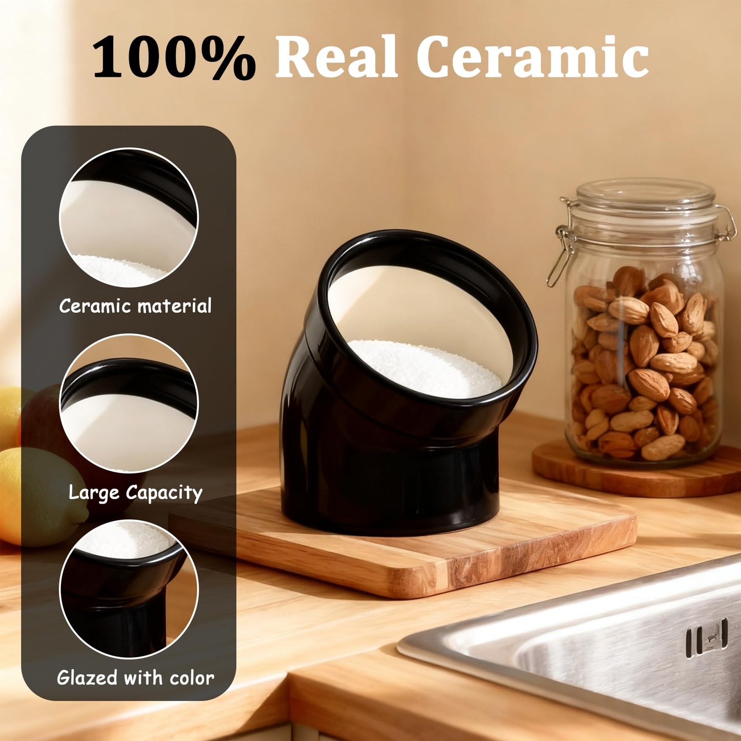 MARKETTY Salt Pig, Dishwasher Safe Ceramic Salt Cellar Modern and Minimalist, Salt Pig Ceramic for Convenient Access to Seasoning, Wide Caliber Salt Holder for Counter (Black)
