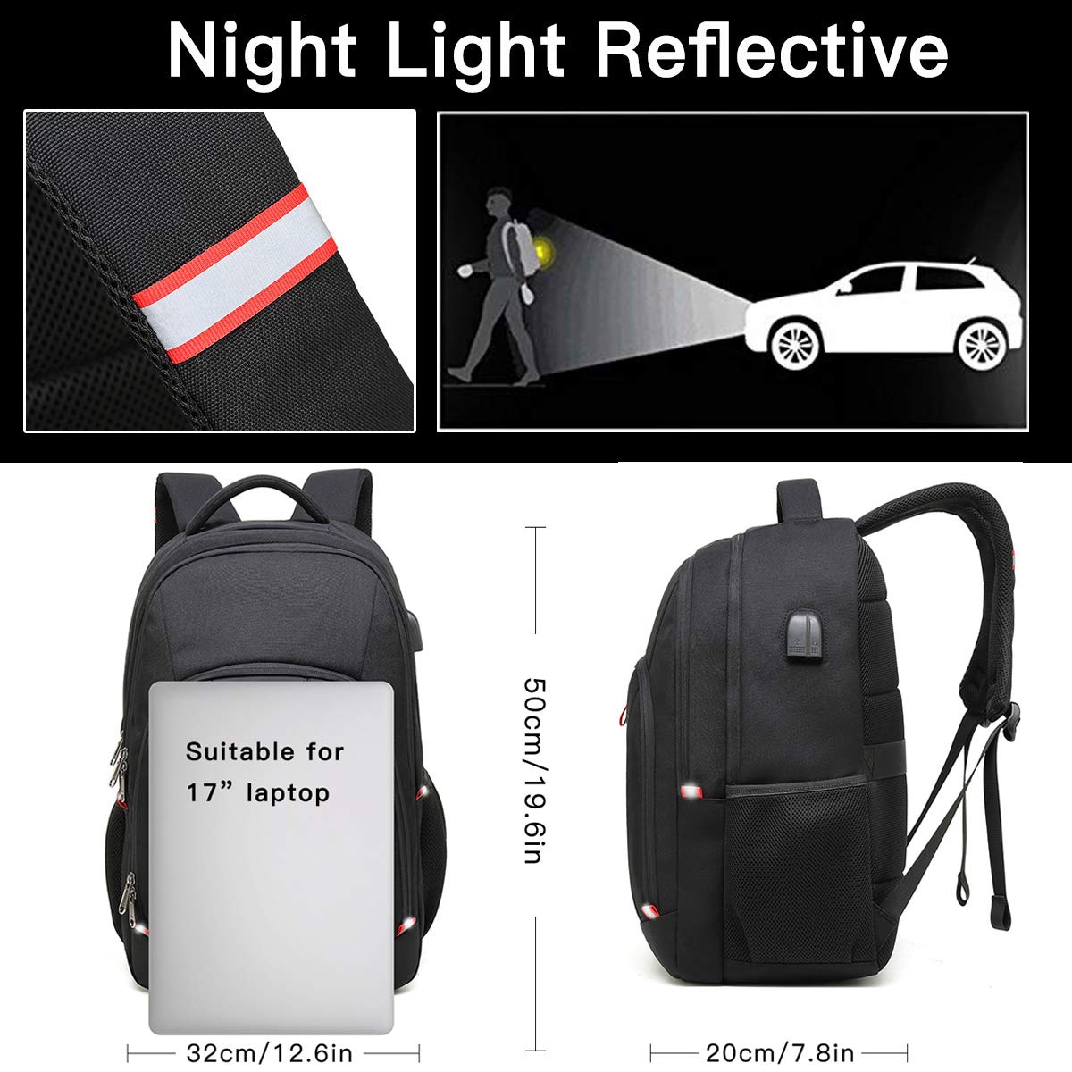 Della Gao Laptop Backpack, Extra Large Anti-Theft Business Travel Laptop Backpack Bag with USB Charging Port, Fit 17 Inch Laptop, Black