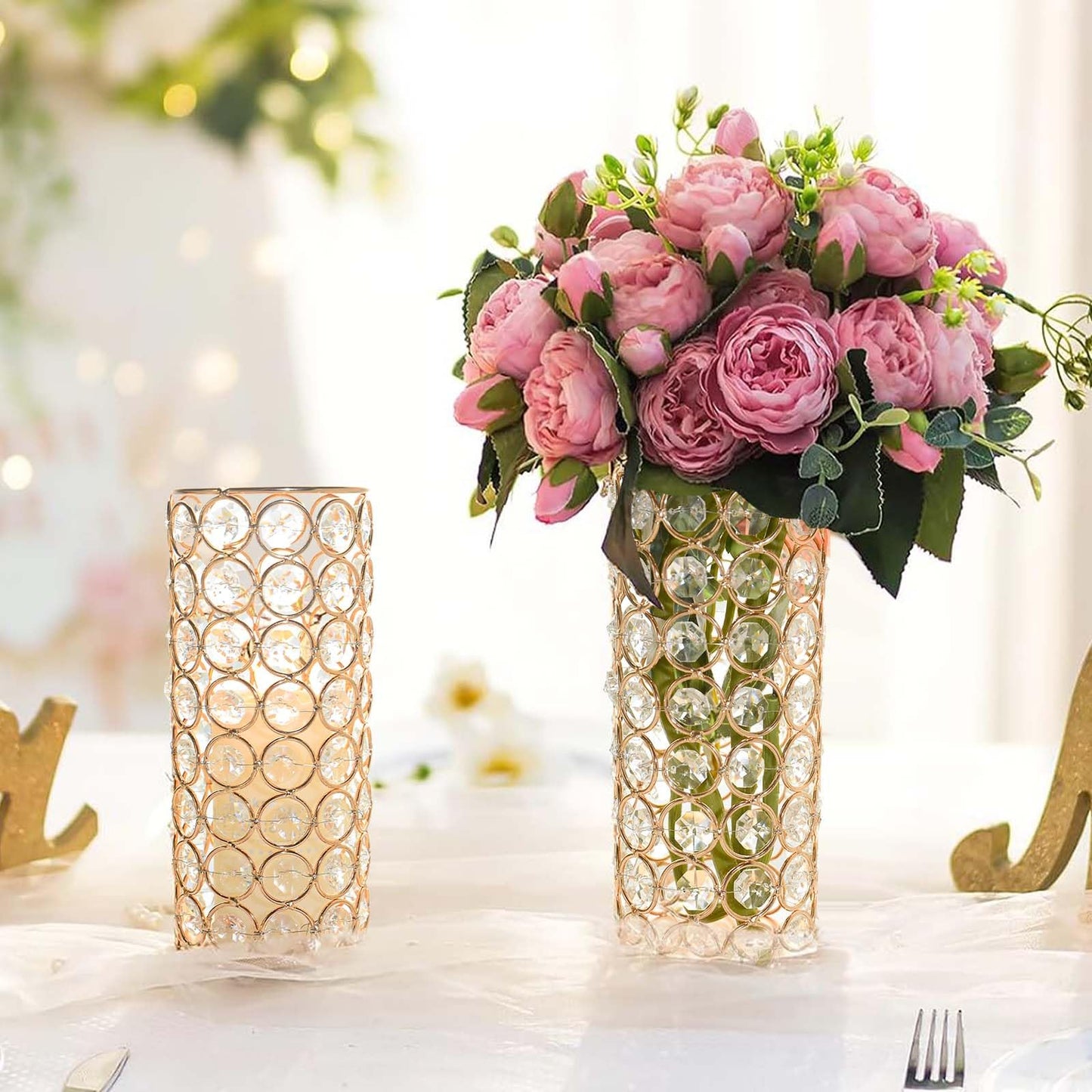 KEHAIL 8 Pcs Crystal Metal Vase Centerpiece, 7.9" Cylinder Flower Vase and Hollow-Out Candle Holder for Wedding, Party, Home Table Decor (8, Gold)