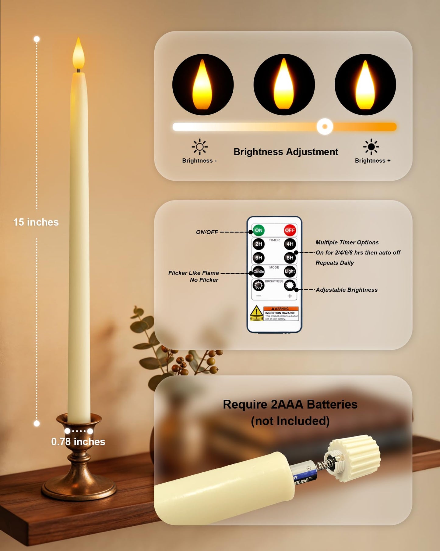Homemory 15 inches Real Wax Flameless Taper Candles with Remote Timer, 2 Pcs Ivory LED Taper Candles Battery Operated with 3D Flickering Flame, Window Candle Led Candlesticks for Dinners Home Decor