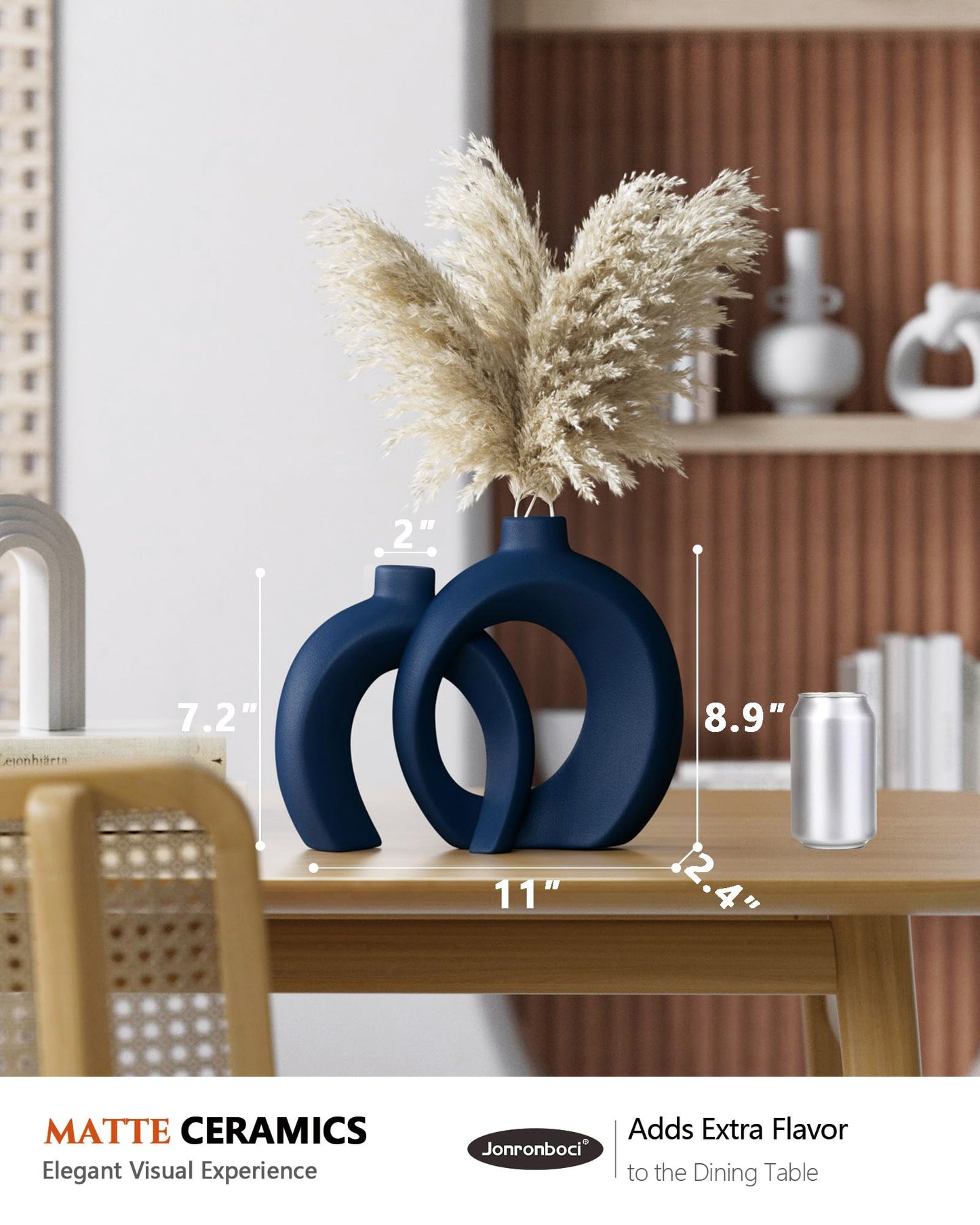 Blue Vase Set of 2 - Donut Navy Vases Home Decor, Modern Coastal Decor - Decorative Vase, Ceramic Decorations for Living Room Coffee Table Bookshelf Shelf Console Mantle (Matte Navy Blue)