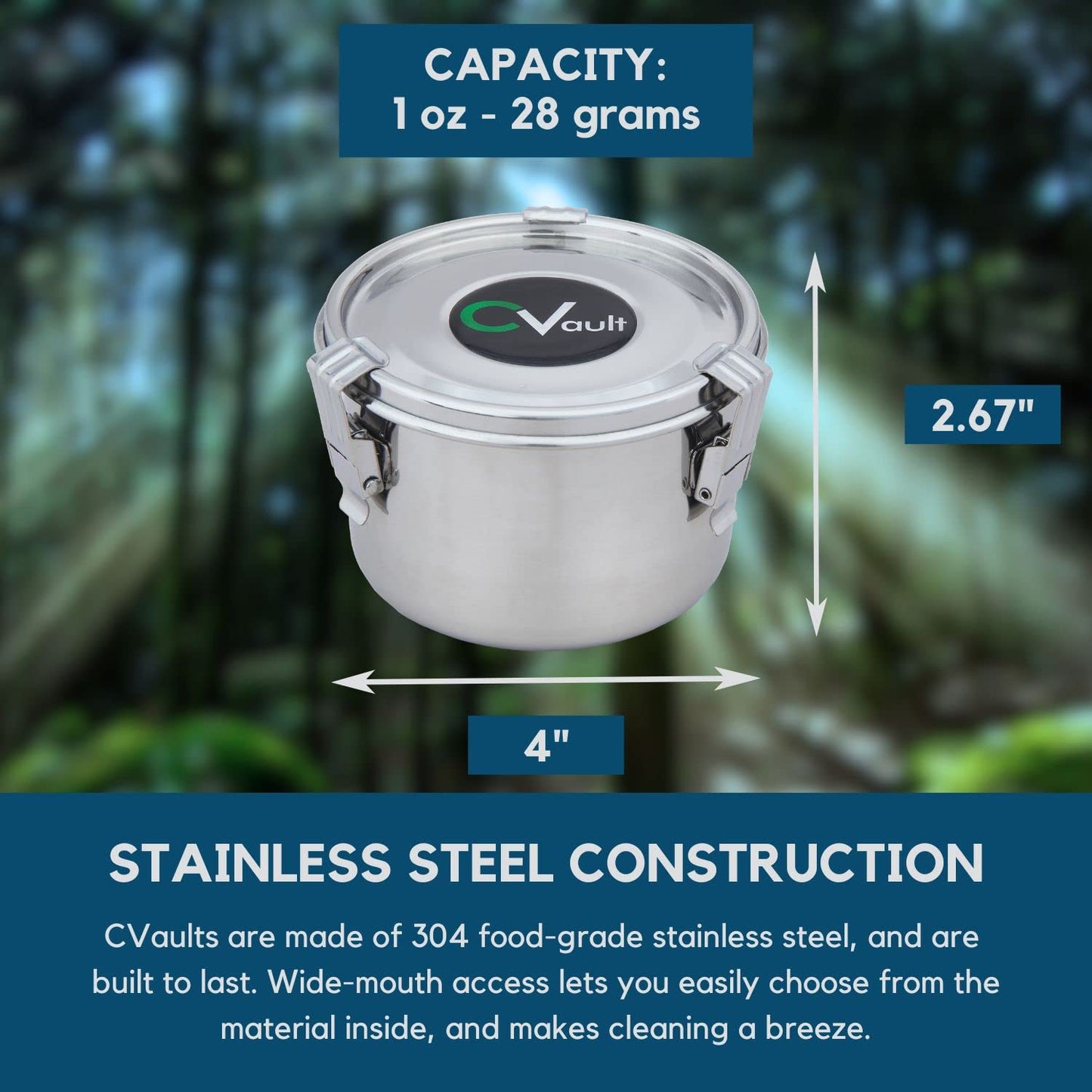 CVAULT Medium 1 oz Storage Container | Air Tight & Light Resistant | Food Grade Stainless Steel | Includes 62% RH 8-gram Pack
